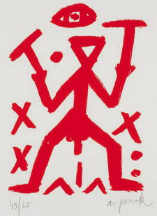 A.R. PENCK 1939 Dresden - 2017 Zürich STANDART -: A.R. PENCK 1939 Dresden - 2017 Zürich STANDART - ROT Farbserigrafie auf Velin. SM 33,5 x 25 cm (R. 55,5 x 46 cm). Unten rechts handsigniert 'ar. penck' sowie unten links nummeriert '49/60'. Sehr