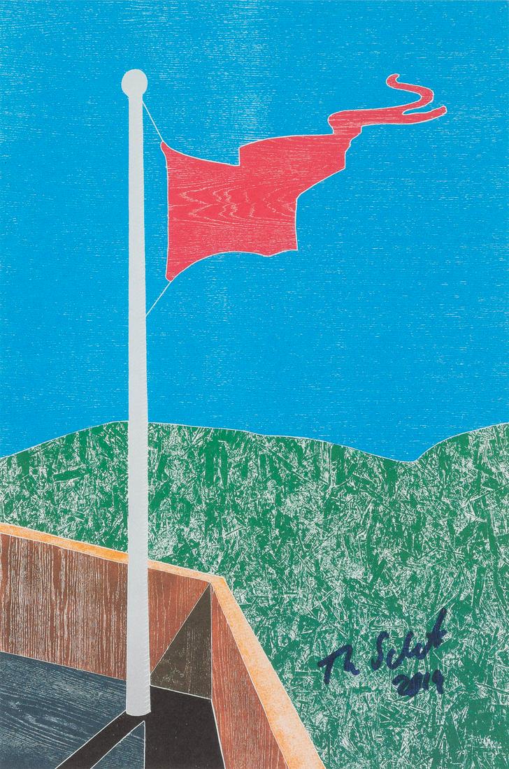 THOMAS SCHÜTTE 1954 Oldenburg FLAG Multiple: THOMAS SCHÜTTE 1954 Oldenburg FLAG Multiple (Farboffsetlithografie) auf Papier. BM 21 x 14 cm (R. 44 x 33,5 cm). Unten rechts handsigniert und datiert 'Th Schütte; 2019'. Im Passepartout mon