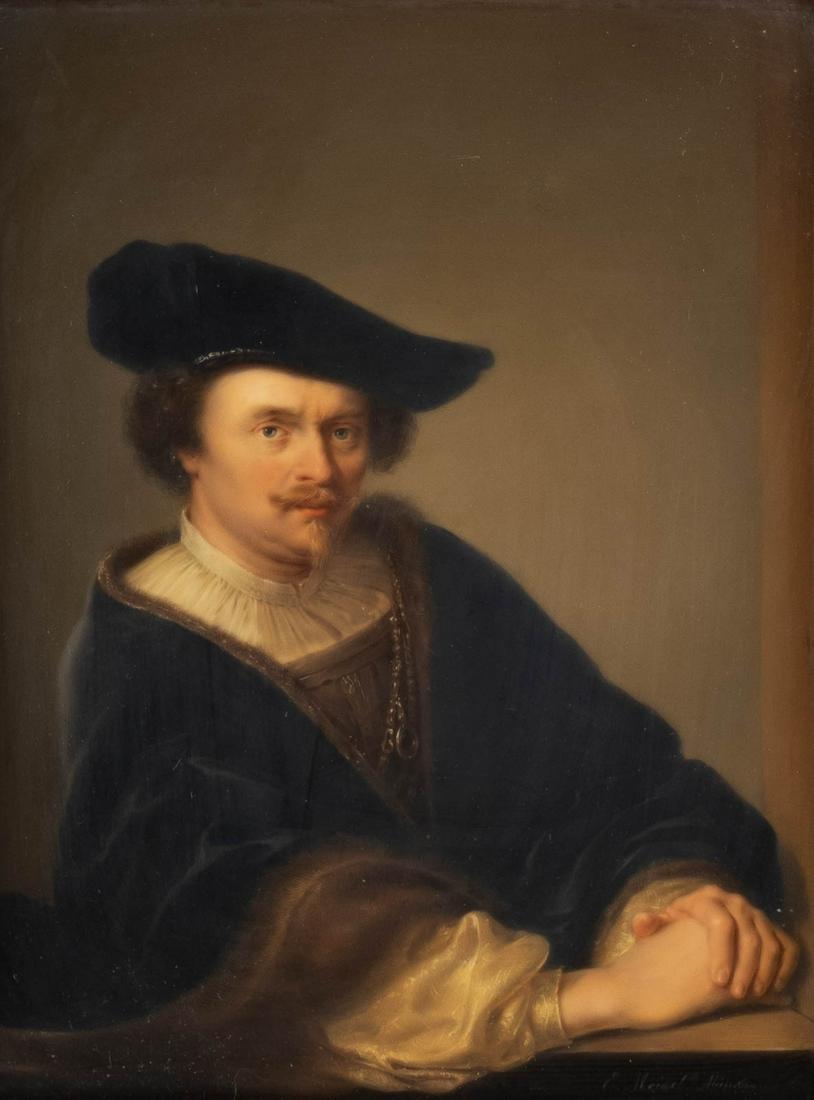 SIGNIERTE PORZELLANBILDPLATTE MIT HERRENPORTRÄT: SIGNIERTE PORZELLANBILDPLATTE MIT HERRENPORTRÄT Deutsch, KPM Berlin, um 1908, nach Gemälde von Ferdinand Bol(1616-1680). Polychrome Malerei auf rechteckiger Bildplatte, Rahmen. 28 x 22,5 cm (ohne Ra