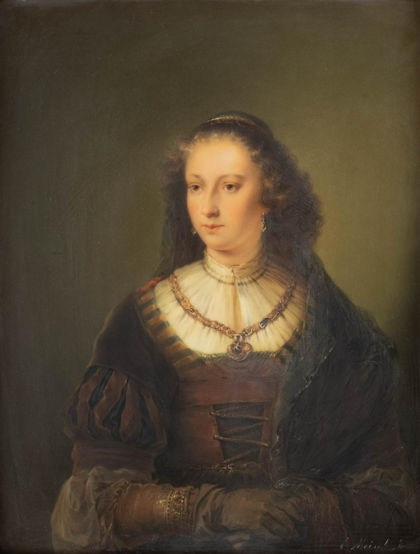 SIGNIERTE PORZELLANBILDPLATTE MIT DAMENPORTRÄT: SIGNIERTE PORZELLANBILDPLATTE MIT DAMENPORTRÄT Deutsch, KPM Berlin, 1908, nach Gemälde von Ferdinand Bol(1616-1680). Polychrome Malerei auf rechteckiger Bildplatte, Rahmen. 28 x 22,5 cm (ohne Rahmen