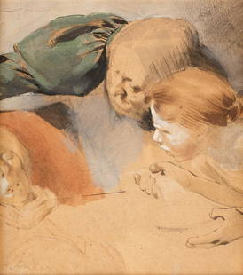 ALBERT ANKER 1831 Ins/Switzerland - 1910 ibidem THE: ALBERT ANKER 1831 Ins/Switzerland - 1910 ibidem THE REPOSE Red chalk, pencil, watercolours, on paper, mounted on cardboard. 19 x 17,5 cm (f. 32 x 30 cm). Signed in the lower left 'Anker'. Part. damage