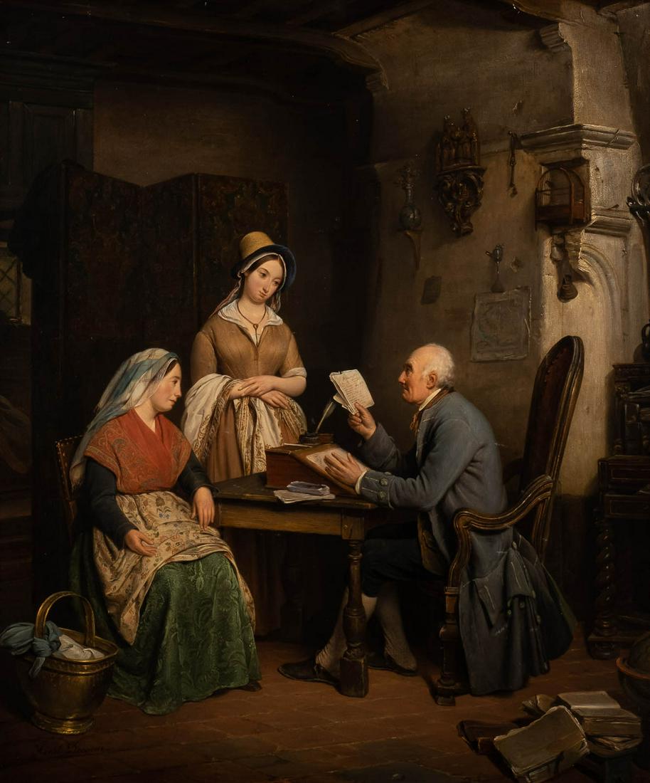 HENRI DECOENE ('HENRI DE COENE') 1798 Nederbrakel -: HENRI DECOENE ('HENRI DE COENE') 1798 Nederbrakel - 1866 Brussels Visit at the notary Oil on wooden panel. 72 x 61 cm (F. 99 x 88 cm). Signed lower left 'Henri Decoene'. Part. abraded, rest. Frame. Pr