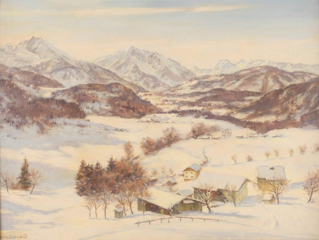 FRITZ OSSWALD 1878 Hottingen - 1966 Starnberg View from: FRITZ OSSWALD 1878 Hottingen - 1966 Starnberg View from Au (Berchtesgaden) Oil on canvas. 60 x 80 cm (F. 80 x 100 cm). Signed lower left 'Fritz Oswald'. Verso: on stretcher handwritten indicated. Min.