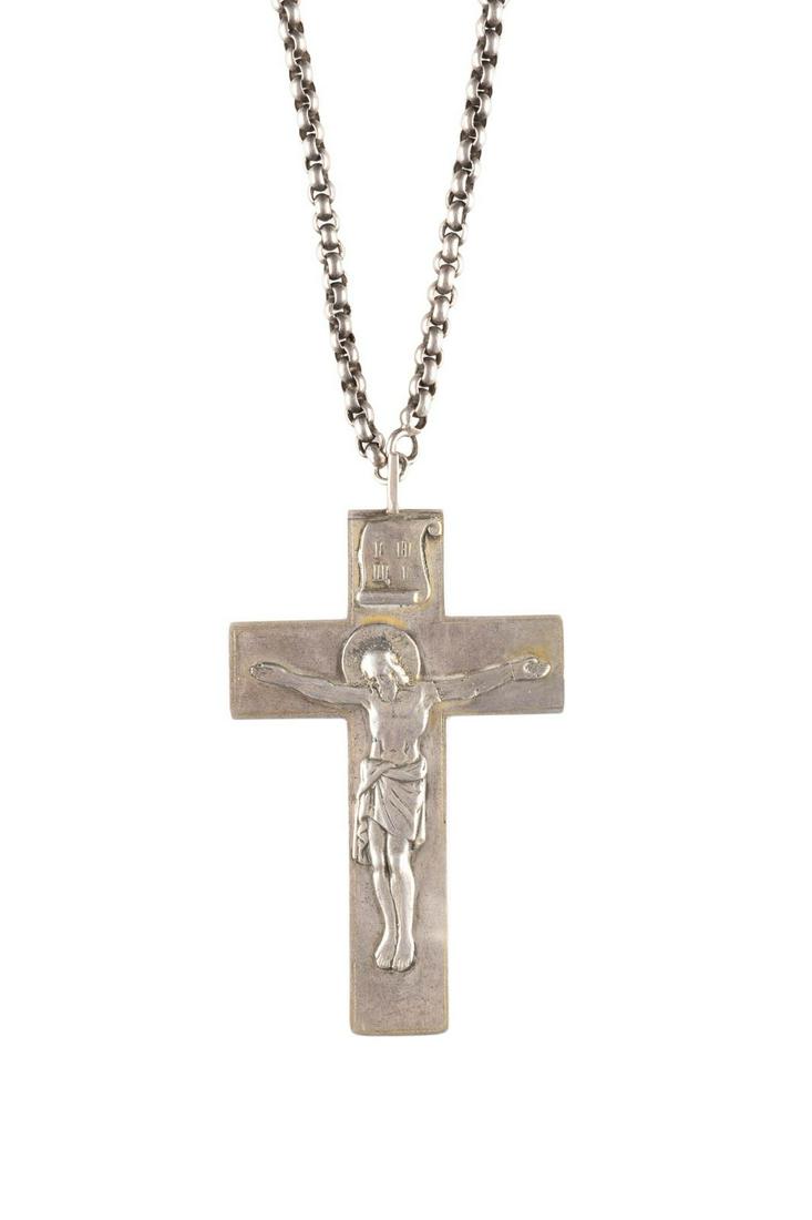 A SILVER-GILT PENDANT CROSS Russian, St. Petersburg,: A SILVER-GILT PENDANT CROSS Russian, St. Petersburg, late 19th century The pendant cross decorated with the crucified Christ. The reverse engraved with Cyrillic inscription and Imperial cypher 'PI' in