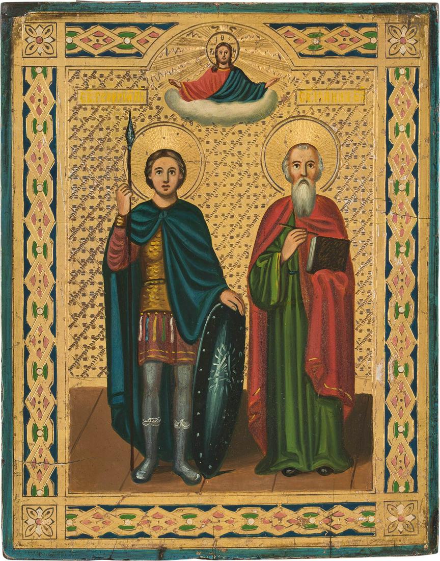 A SMALL ICON SHOWING THE WARRIOR SAINT GEORGE AND ST.: A SMALL ICON SHOWING THE WARRIOR SAINT GEORGE AND ST. JOHN THE EVANGELIST Russian, circa 1900 Oil on wood panel. The background with etched tracery design, the border emulating contemporary enamelwork