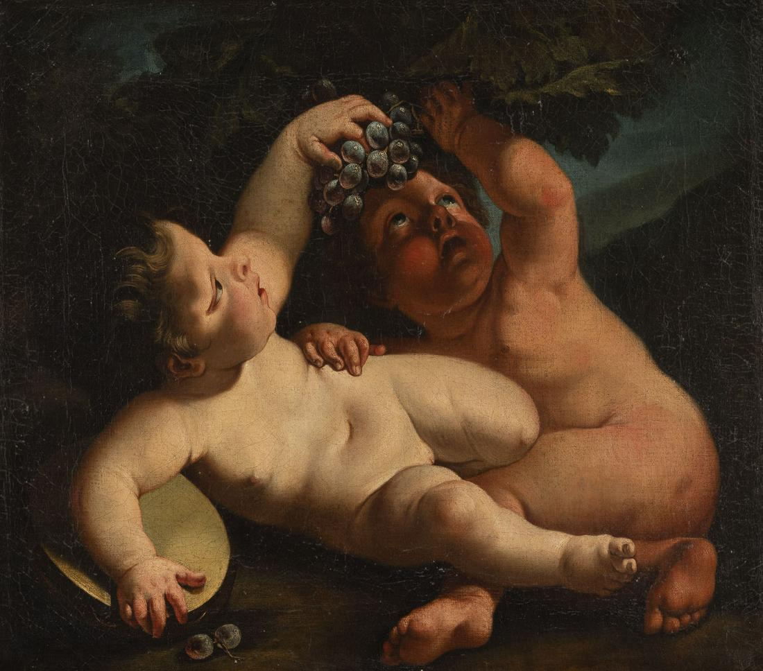 FRANCOIS BOUCHER (WERKSTATT/SCHULE), SPIELENDE: FRANCOIS BOUCHER (WORKSHOP/SCHOOL) 29 September 1703 Paris - 30. May 1770 Ibid PLAYING BACCHANTE PICKING GRAPES Oil on canvas (old relined). 69 x 76 cm (F. 86 x 95 cm). Verso: On the stretcher in old