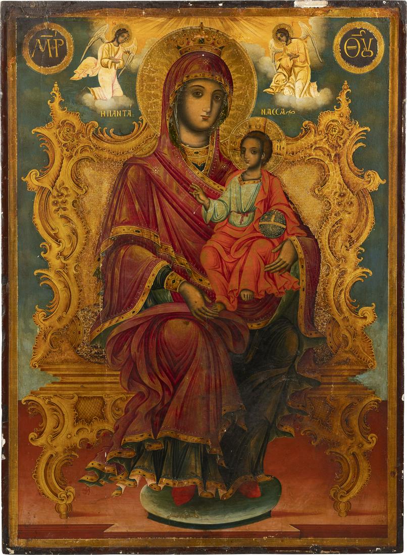 A MONUMENTAL ICON SHOWING THE ENTHRONED MOTHER OF GOD: A MONUMENTAL ICON SHOWING THE ENTHRONED MOTHER OF GOD PANTANASSA FROM A CHURCH ICONOSTASIS Greek, 18th century Tempera on wood panel. The Mother of God seated on a carved, wooden throne, supporting Ch