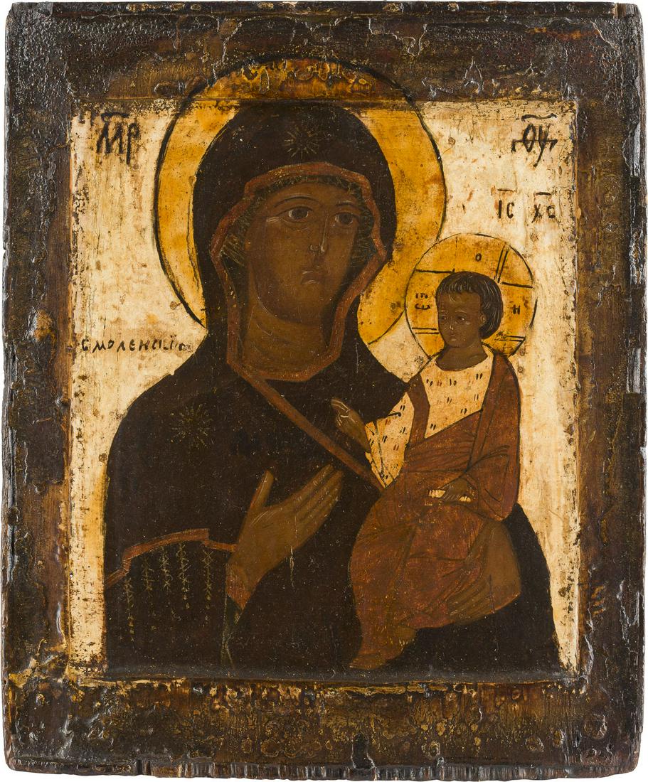 AN ICON SHOWING THE SMOLENSKAYA MOTHER OF GOD: AN ICON SHOWING THE SMOLENSKAYA MOTHER OF GOD Russian, 19th century Tempera on wood panel with double kovcheg. The background stripped to gesso, restorations. 29.6 x 24.6 cm.IKONE MIT DER GOTTESMUTTER