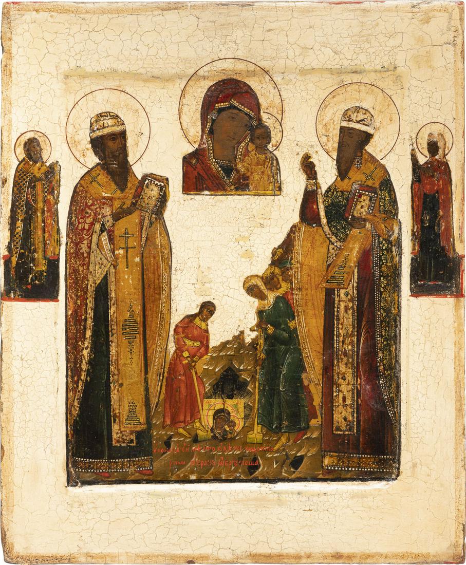 A RARE ICON SHOWING TWO SAINTS AND THE FINDING OF THE: A RARE ICON SHOWING TWO SAINTS AND THE FINDING OF THE KAZANSKAYA ICON Russian, 18th century Tempera on wood panel with kovcheg. Two selected saints on the borders. The background and border stripped t