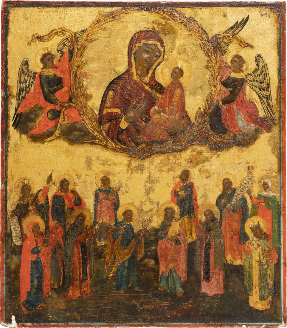 A DATED ICON SHOWING THE TIKHVINSKAYA MOTHER OF GOD AND: A DATED ICON SHOWING THE TIKHVINSKAYA MOTHER OF GOD AND A SELECTION OF FAVOURITE SAINTS Russian, dated 1867 Tempera on wood panel. Executed on a gold ground. Dated '1867' on the lower border. Minimall