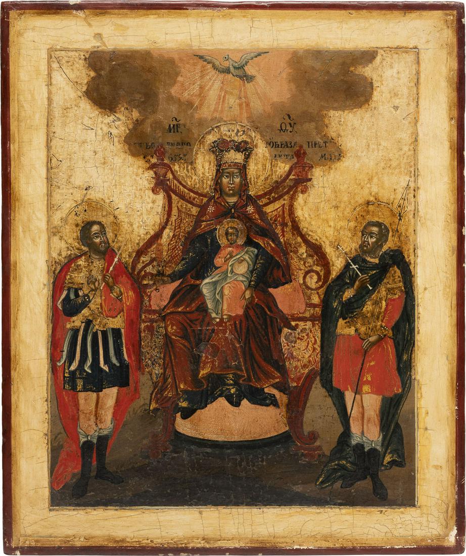 AN ICON SHOWING THE ENTHRONED MOTHER OF GOD FLANKED BY: IKONE MIT DER THRONENDEN GOTTESMUTTER FLANKIERT VON ZWEI KRIEGERHEILIGEN (THEODOR STRATILATES UND THEODOR TIRON?) Russland, 2. HÃ¤lfte 18. Jh. Einzeltafel mit zwei RÃ¼ckseiten-Sponki. Eitempera au
