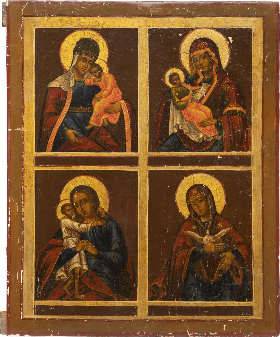 A QUADRI-PARTITE ICON SHOWING IMAGES OF THE MOTHER OF: A QUADRI-PARTITE ICON SHOWING IMAGES OF THE MOTHER OF GOD Russian, early 19th century Tempera on wood panel. The haloes made of gold. Minor losses, minimally restored. 31 x 25.4 cm.VIERFELDER-IKONE MI
