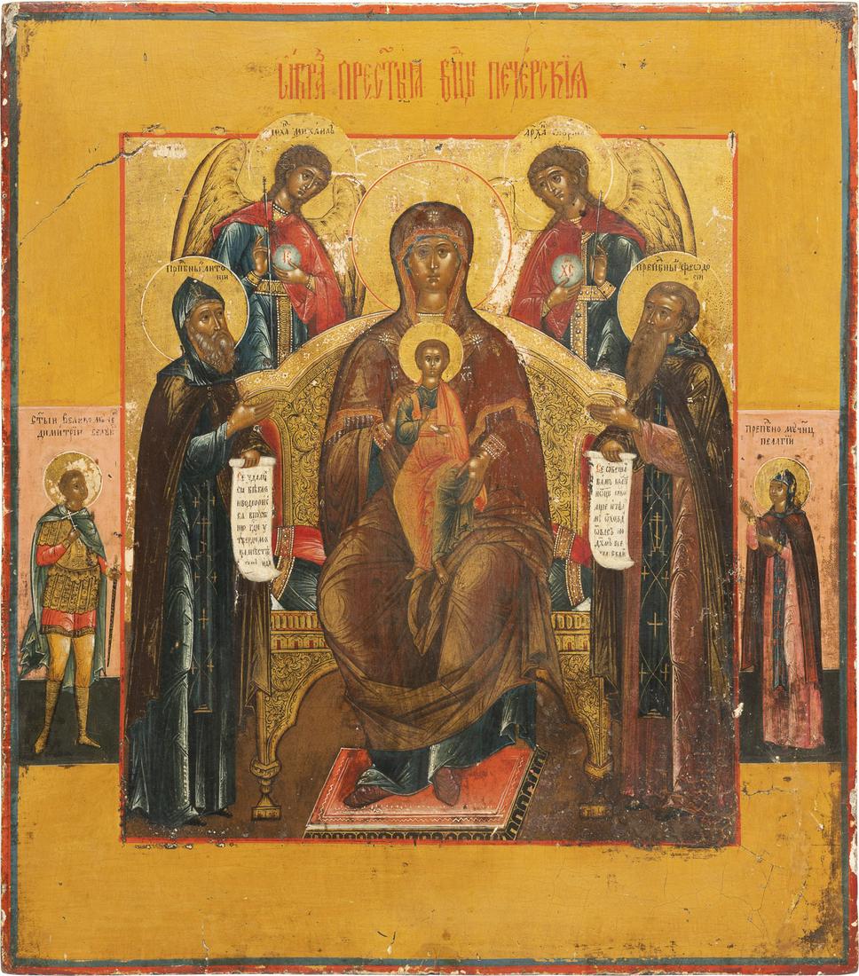 A VERY FINE ICON OF THE PETCHERSKAYA MOTHER OF GOD (OF: A VERY FINE ICON OF THE PETCHERSKAYA MOTHER OF GOD (OF THE KIEV CAVES) Russian, Palekh, circa 1800 Tempera on gessoed wood panel. Finely executed in great detail on a gold ground. 34.6 x 30.5 cm. On t