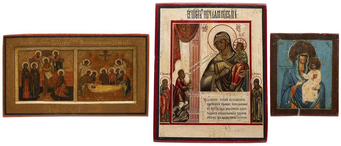 THREE SMALL ICONS SHOWING IMAGES OF THE MOTHER OF GOD: THREE SMALL ICONS SHOWING IMAGES OF THE MOTHER OF GOD AND THE ENTOMBMENT OF CHRIST Russian, 19th century Tempera on wood panels. Partially restored. 12.9 -21.8 cm high.DREI KLEINFORMATIGE IKONEN MIT G