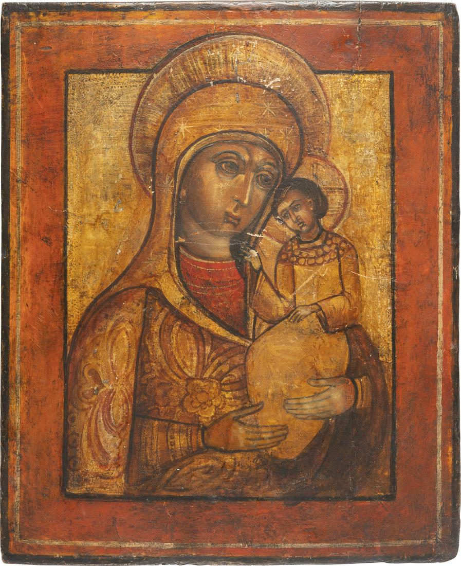 AN ICON SHOWING THE MOTHER OF GOD: IKONE MIT DER GOTTESMUTTER Russland, 19. Jh. Verbund zweier Bretter mit zwei RÃ¼ckseiten-Sponki (verloren). Eitempera auf Kreidegrund, versilberter Hintergrund goldfarben lasiert, ornamentale Punzie