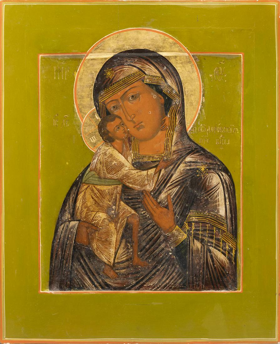 AN ICON SHOWING THE FEODOROVSKAYA MOTHER OF GOD: AN ICON SHOWING THE FEODOROVSKAYA MOTHER OF GOD Russian, 19th century Tempera on wood panel with kovcheg. The haloes made of gold. Border restored. 31.5 x 26.2 cm.IKONE MIT DER GOTTESMUTTER FEODOROWSK