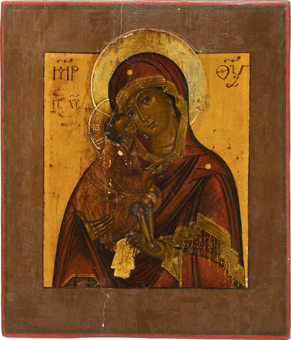 AN ICON SHOWING THE DONSKAYA MOTHER OF GOD: IKONE MIT DER GOTTESMUTTER 'DONSKAJA' Russland, Mitte 19. Jh. Einzeltafel mit zwei profilierten RÃ¼ckseiten-Sponki. Eitempera auf Kreidegrund, versilberte Nimben goldfarben lasiert. 30,8 x 26,6 cm. 