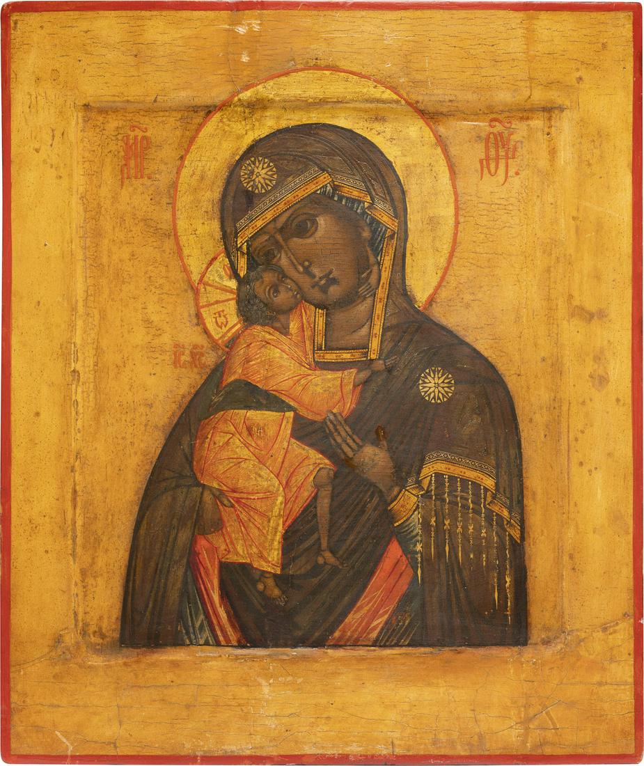 AN ICON SHOWING THE FEODOROVSKAYA MOTHER OF GOD: AN ICON SHOWING THE FEODOROVSKAYA MOTHER OF GOD Russian, 19th century Tempera on wood panel with kovcheg. The haloes made of gold. The background and border stripped to gesso, restorations. 35.2 x 30.