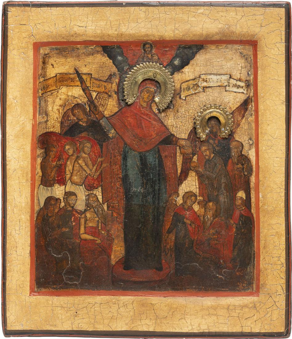 AN ICON SHOWING THE MOTHER OF GOD 'JOY TO ALL WHO: IKONE MIT DER GOTTESMUTTER 'FREUDE ALLER LEIDENDEN' Russland, 20. Jh. (Malerei), 18. Jh. (Brett) Laubholz-Tafel mit zwei RÃ¼ckseitensponki (verloren). Tempera auf Kreidegrund, Kowtscheg. 30 cm x 26 