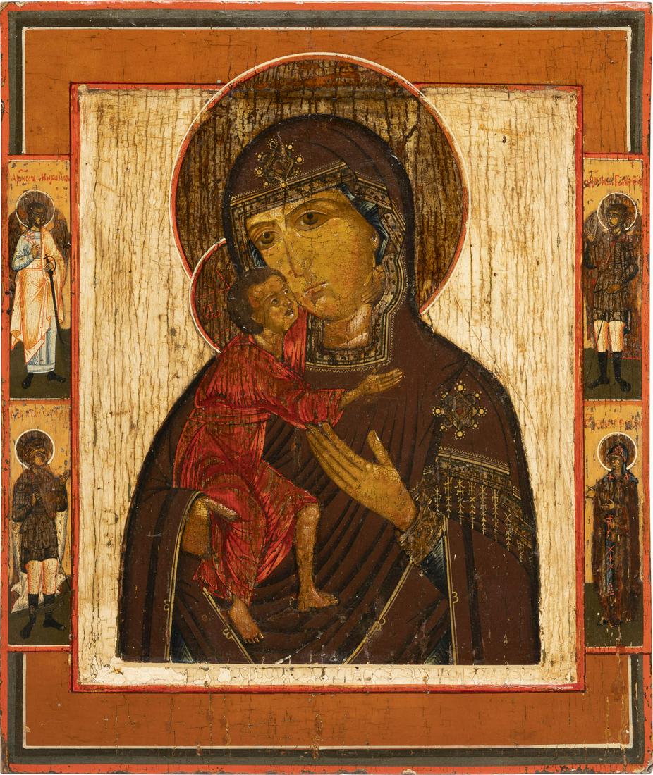 AN ICON SHOWING THE FEODOROVSKAYA MOTHER OF GOD: AN ICON SHOWING THE FEODOROVSKAYA MOTHER OF GOD Russian, circa 1800 Tempera on gessoed wood panel with kovcheg. The haloes made of silver, covered by a golden lacquer. 31 x 26.2 cm. Four selected sain