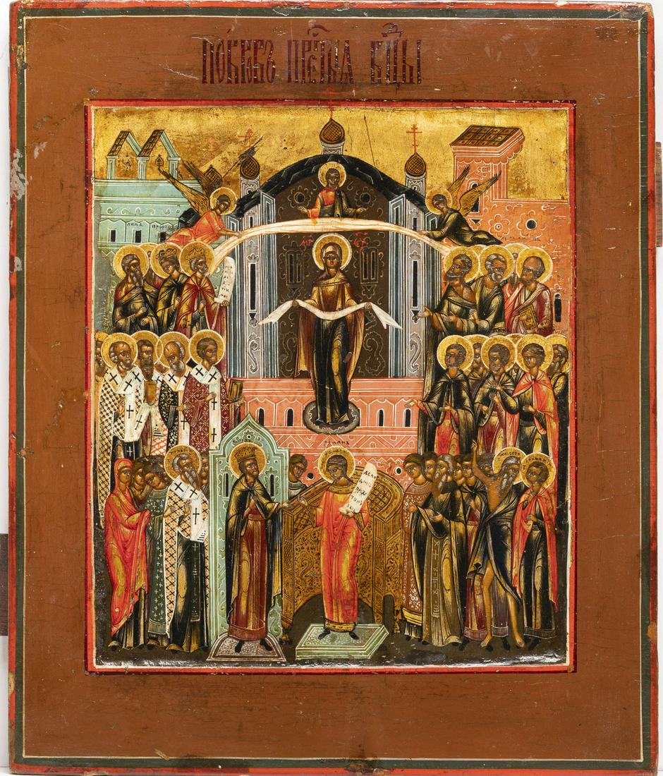 AN ICON SHOWING THE PROTECTING VEIL OF THE MOTHER OF: AN ICON SHOWING THE PROTECTING VEIL OF THE MOTHER OF GOD Russian, 19th century Tempera on wood panel with kovcheg. The haloes and background made of gold. Areas of retouching. 31 x 25.9 cm.IKONE MIT D