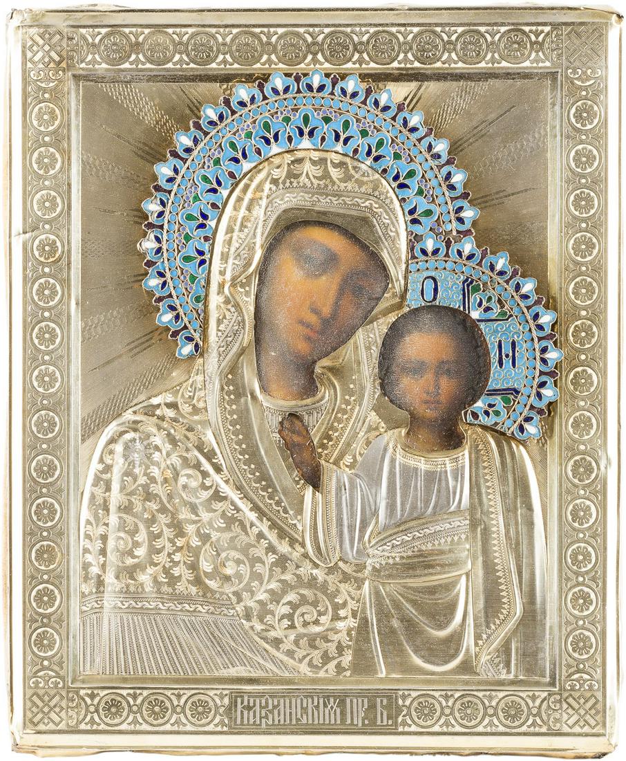 AN ICON SHOWING THE KAZANSKAYA MOTHER OF GOD WITH A: AN ICON SHOWING THE KAZANSKAYA MOTHER OF GOD WITH A SILVER-GILT AND CLOISONNÃ‰ ENAMEL OKLAD Russian, late 19th century (icon), Russian, Moscow, 1896-1908 (oklad) Oil on wood panel with velvet backi