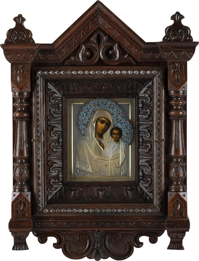 AN ICON SHOWING THE KAZANSKAYA MOTHER OF GOD WITH A: AN ICON SHOWING THE KAZANSKAYA MOTHER OF GOD WITH A SILVER-GILT AND CLOISONNÃ‰ ENAMEL OKLAD Russian, circa 1900 (icon), Russian, Moscow, 1896-1908 (oklad) Oil on wood panel. Overlaid with an engrav