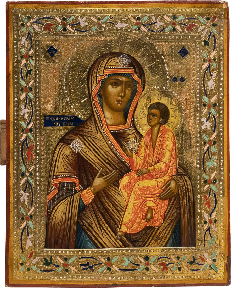 A SMALL ICON SHOWING THE TIKHVINSKAYA MOTHER OF GOD: KLEINE IKONE MIT DER GOTTESMUTTER VON TICHWIN (TICHWINSKAJA) Russland, um 1900 Verbund zweier Bretter mit einer RÃ¼ckseiten-Querleiste. Eitempera auf Kreidegrund, vergoldeter Hintergrund ornamental 