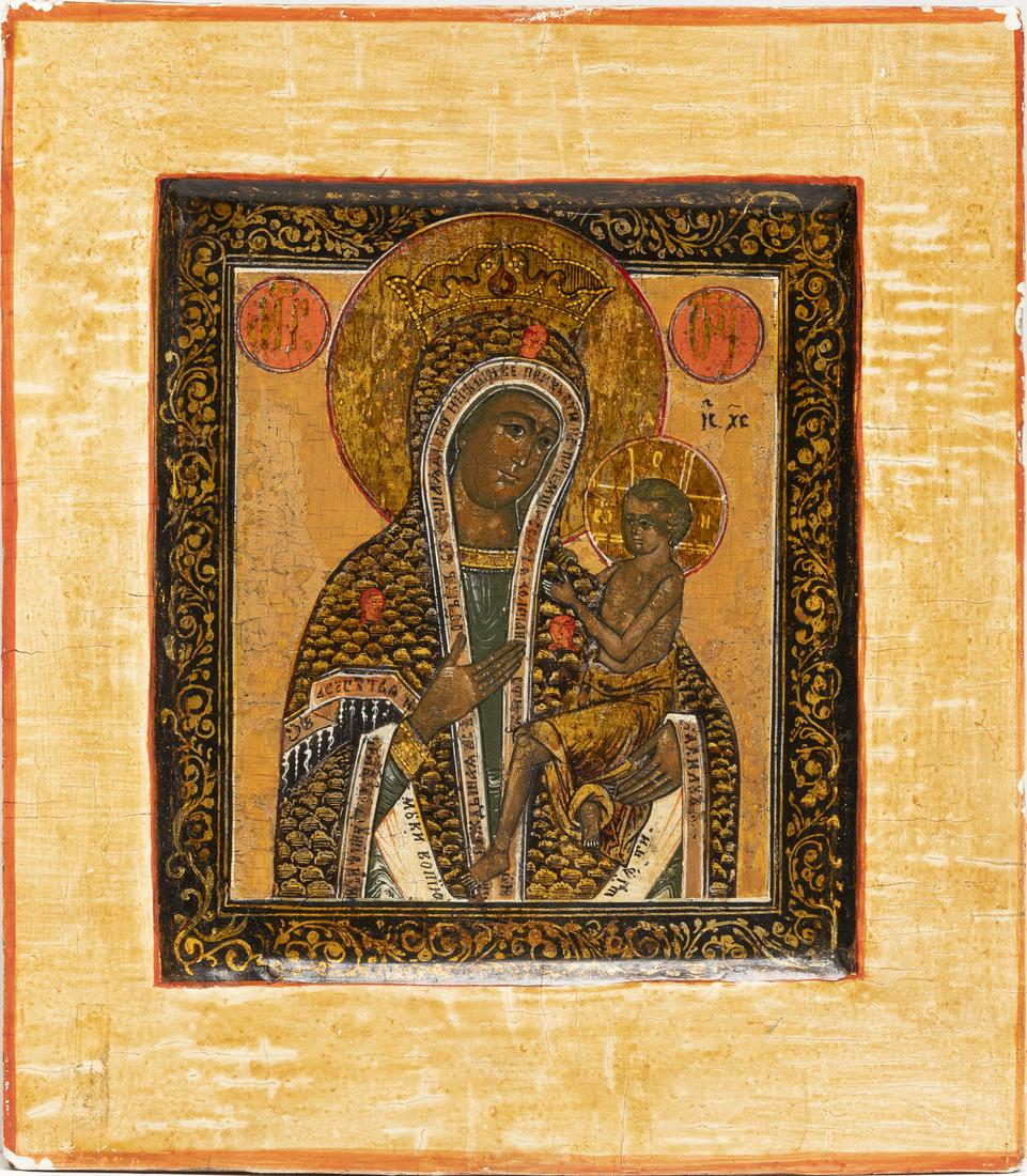 A SMALL ICON OF THE MOTHER OF GOD 'O VSEPYETAYA MATI': A SMALL ICON OF THE MOTHER OF GOD 'O VSEPYETAYA MATI' (O ALL-HYMNED MOTHER) Russian, 19th century Tempera on wood panel with kovcheg. The haloes made of gold. The border stripped to gesso, restoration