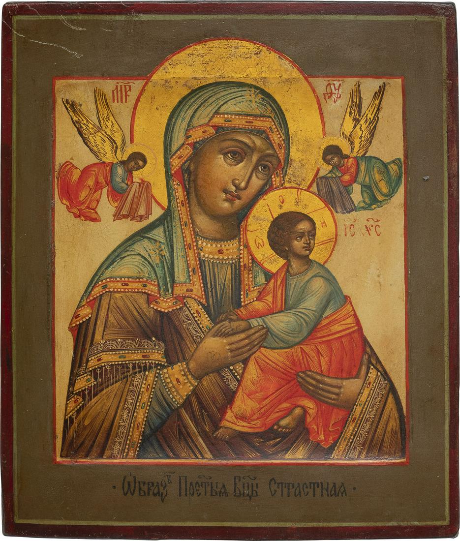 A SMALL ICON SHOWING THE MOTHER OF GOD OF THE PASSION: A SMALL ICON SHOWING THE MOTHER OF GOD OF THE PASSION 2nd half 20th century Tempera on wood panel with kovcheg. The haloes made of gold. 21.5 x 18.5 cm.KLEINE IKONE MIT DER GOTTESMUTTER DER PASSION 2.