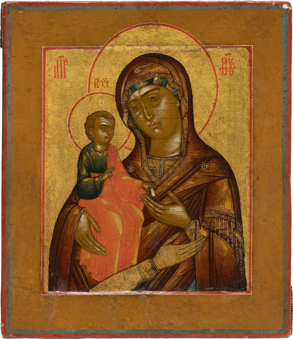 A SMALL ICON SHOWING THE THREE-HANDED MOTHER OF GOD: A SMALL ICON SHOWING THE THREE-HANDED MOTHER OF GOD Russian, 19th century Tempera on wood panel with kovcheg. Executed on a gold ground, the garments with dense chrysography. 17.7 x 15.1 cm. Minor are