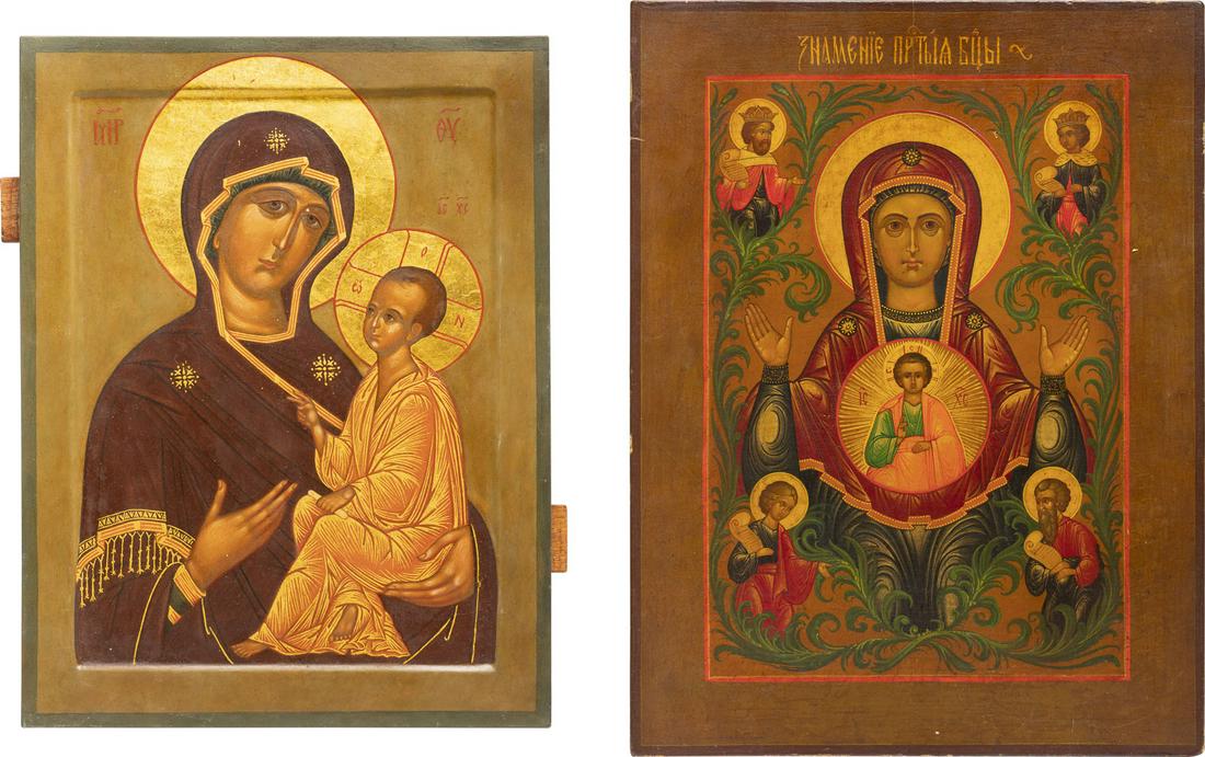 TWO LARGE ICONS SHOWING THE KURSKAYA MOTHER OF GOD AND: TWO LARGE ICONS SHOWING THE KURSKAYA MOTHER OF GOD AND THE MOTHER OF GOD OF TIKHVIN Late 20th century Tempera on wood panels. The haloes made of gold. 33 x 25.1 cm / 44.4 x 34 cm.ZWEI GROSSE IKONEN: G