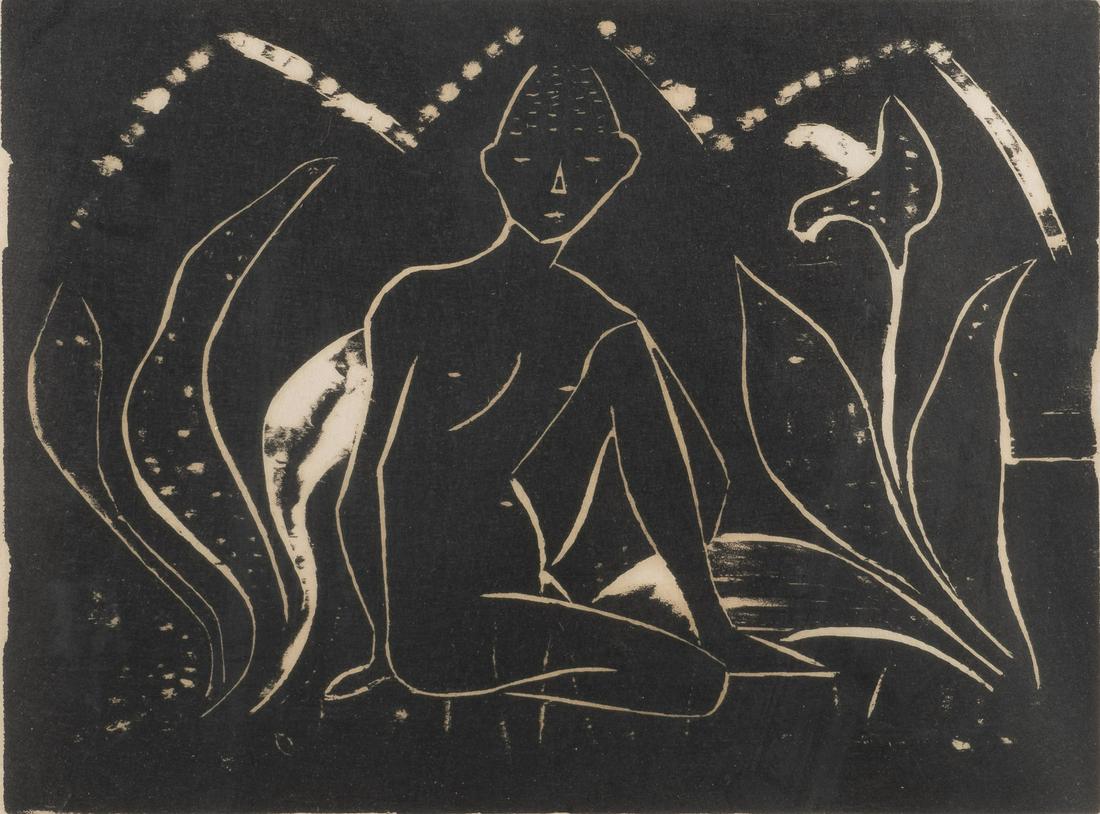 'KNABE ZWISCHEN BLATTPFLANZEN' (1912): OTTO MUELLER1874 Lubawka, Polen - 1930 Breslau'KNABE ZWISCHEN BLATTPFLANZEN' (1912) Holzschnitt. SM 30 x 39,5 cm, DM 27,5 x 37,5 cm (R. 53 x 61,5 c. Min. gebrÃ¤unt, part. min. fleckig. Im