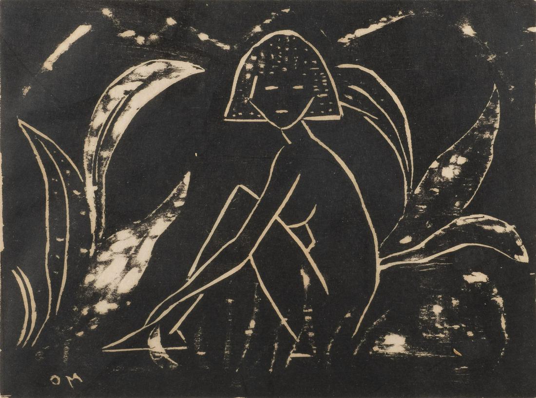 'MÃ„DCHEN ZWISCHEN BLATTPFLANZEN' (1912): OTTO MUELLER1874 Lubawka, Polen - 1930 Breslau'MÃ„DCHEN ZWISCHEN BLATTPFLANZEN' (1912) Holzschnitt. SM 47 x 55,5 cm, DM 27,5 x 37 cm (R. 53 x 61 cm). Part. gebrÃ¤unt, part. min. stockflec