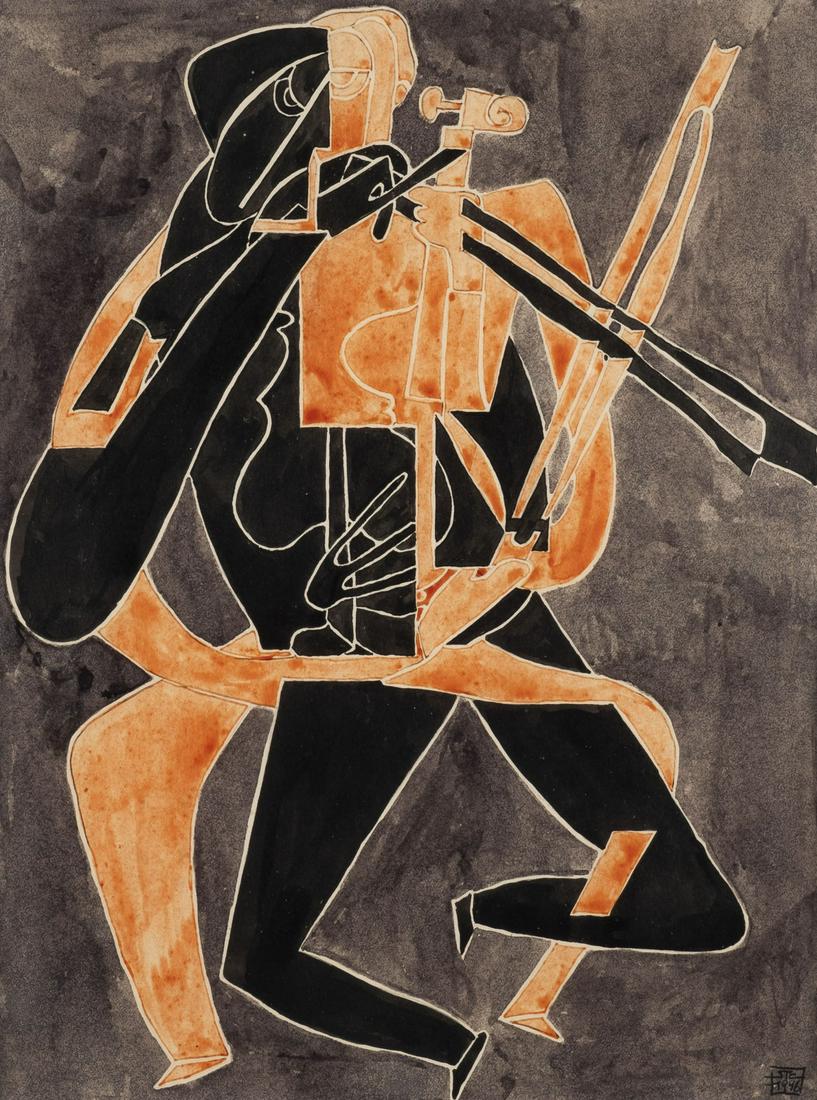 'VIOLINSPIELER IN ZWEI BEWEGUNGSPHASEN, ROT-SCHWARZ': CURT STENVERT1920 Wien - 1992 KÃ¶ln'VIOLINSPIELER IN ZWEI BEWEGUNGSPHASEN, ROT-SCHWARZ' (1946) Mischtechnik auf Papier. SM 25,5 x 19 cm (R. 71,5 x 51,5 cm). Unten rechts monogrammiert und
