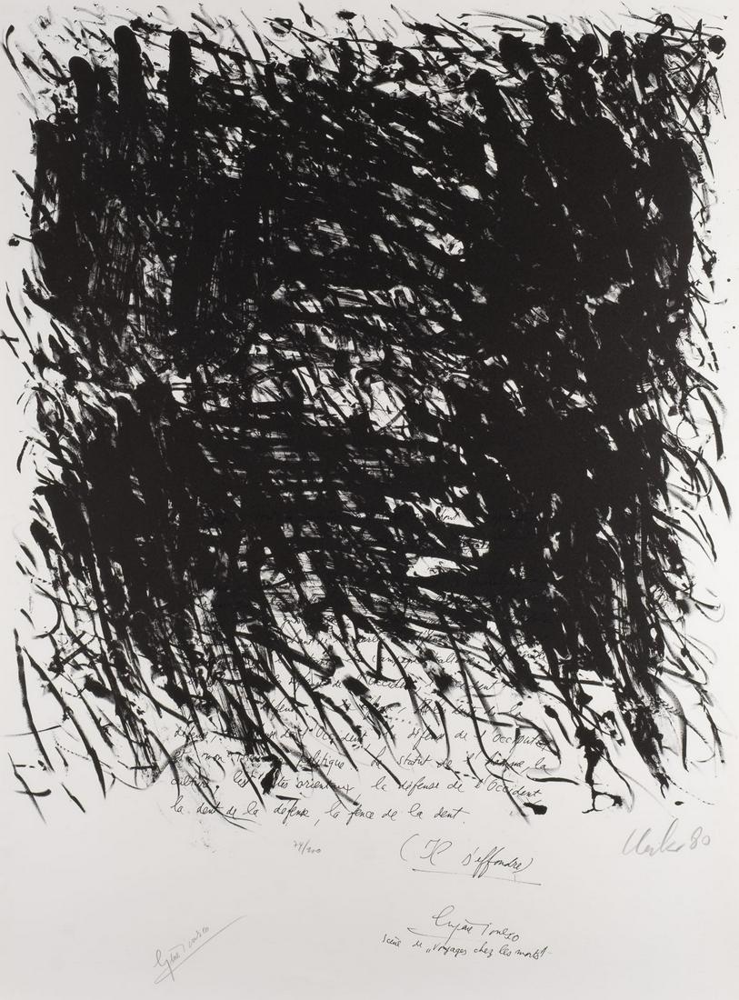 THE SILENCE OF WRITING (1980): GUENTHER UECKER1930 Wendorf, Mecklenburg - lebt und arbeitet in DÃ¼sseldorfTHE SILENCE OF WRITING (1980) Gemeinsam mit EugÃ¨ne Ionesco Lithographie auf BFK Rives. BM 84 x 59,5