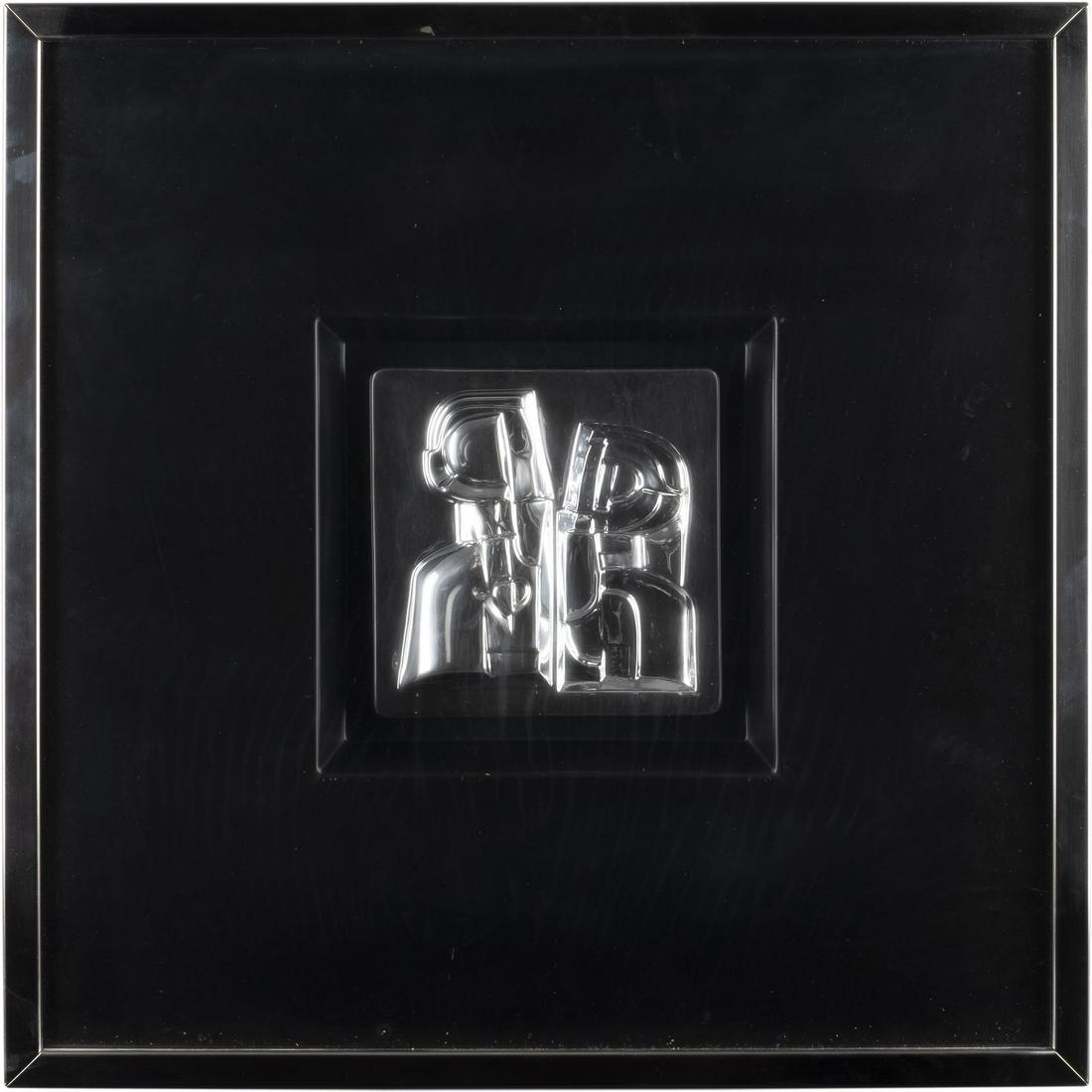 'UNISONO' (1975): LINO SALVATO, MARIA GRAZIA LAZZARONI & ROBERTO PERUZZItÃ¤tig 2. H. 20. Jh in Italien'UNISONO' (1975) Aus: I Gusci Silberfarbenes Metallrelief, in Rahmen montiert, Edition Ared