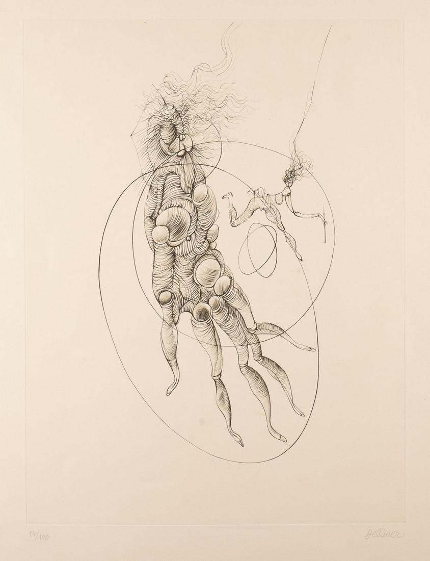 OHNE TITEL: HANS BELLMER1902 Kattowitz - 1975 ParisOHNE TITEL Kaltnadelradierung auf Arches. BM 66 x 50 cm, DM 39,5 x 30 cm. Unten rechts handsigniert 'Bellmer' sowie unten links nummeriert '14/100'.