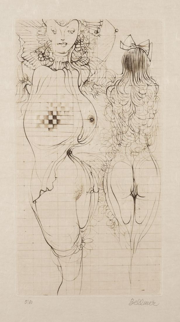 ZWEI FRAUENAKTE: HANS BELLMER1902 Kattowitz - 1975 ParisZWEI FRAUENAKTE Lithografie auf Japanpapier. BM 51 x 33,5 cm, DM 25,5 x 13,5 cm. Unten rechts handsigniert 'Bellmer' sowie unten links nummeriert '5