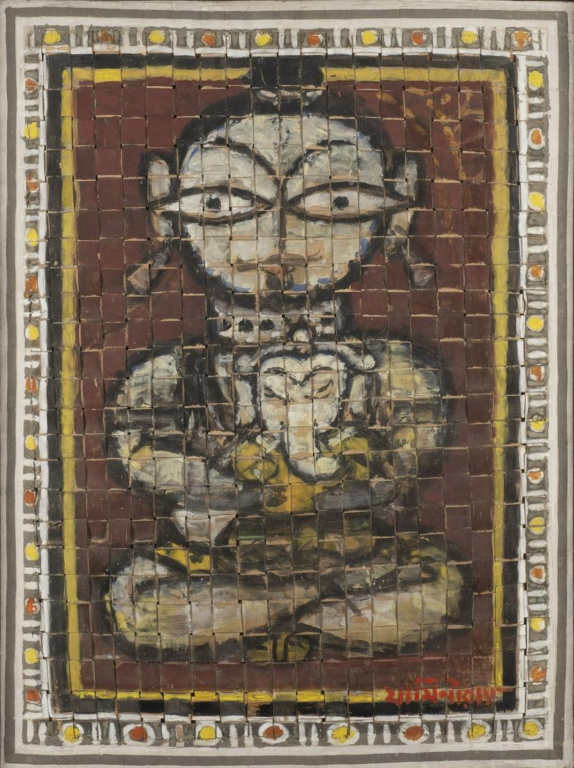 JAMINI ROY, MAHADEVA AND GANESH: JAMINI ROY, MAHADEVA AND GANESH India, 20th century Gouache on paper, framed and under glass. 60x44 cm. In the center of the picture, Mahadeva sits cross-legged in front of a dark red background with