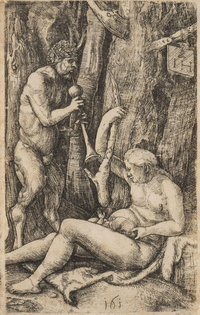 DIE SATYRFAMILIE: HIERONYMUS HOPFER um 1500 Augsburg - 1563 Nuernberg DIE SATYRFAMILIE Radierung auf Papier; spaeterer Abzug. BM 14 x 9 cm (R. 41 x 32,5 cm). Oben rechts in der Platte Kuenstlermonogramm 'IH' und unten