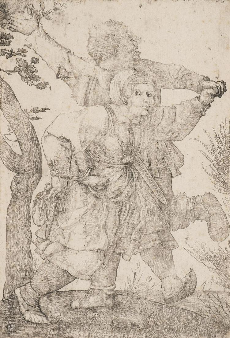 DAS TANZENDE BAUERNPAAR (NACH DUERER): HIERONYMUS HOPFER um 1500 Augsburg - 1563 Nuernberg DAS TANZENDE BAUERNPAAR (NACH DUERER) Radierung auf Papier. BM 22 x 15,5 cm (R. 41 x 32,5 cm). Part. besch., fleckig. Im Passepartout und hinter Gla