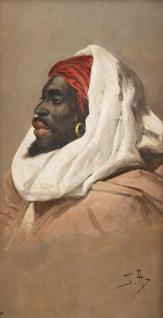 ORIENTALIST, NUBIER: ORIENTALIST Active 2nd h. of 19th c. Nubian Oil on wood. 27 x 16 cm (F. 36 x 25 cm). Indistinctly monogrammed lower right. Min. dam. Framed.ORIENTALIST Taetig 2. Haelfte 19. Jh. Nubier OEl auf Holz. 2
