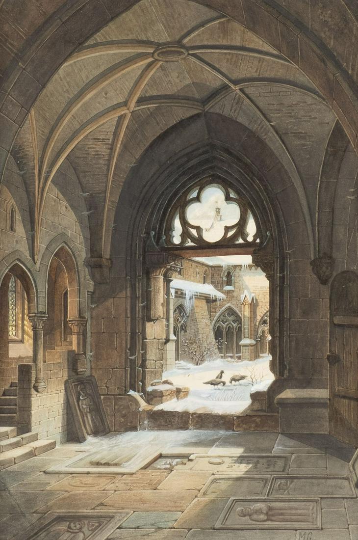 MONOGRAMMIST 'M.G.', KAPELLENINTERIEUR MIT BLICK AUF: MONOGRAMMIST 'M.G.' Active at the end of the 19th c. INTERIOR OF A CHAPEL WITH VIEW ON A SNOW-COVERED MONASTERY YARD Watercolours and gouache on paper. Visible size 49.5 x 35.5 cm (f. 64 x 50.5 cm). S