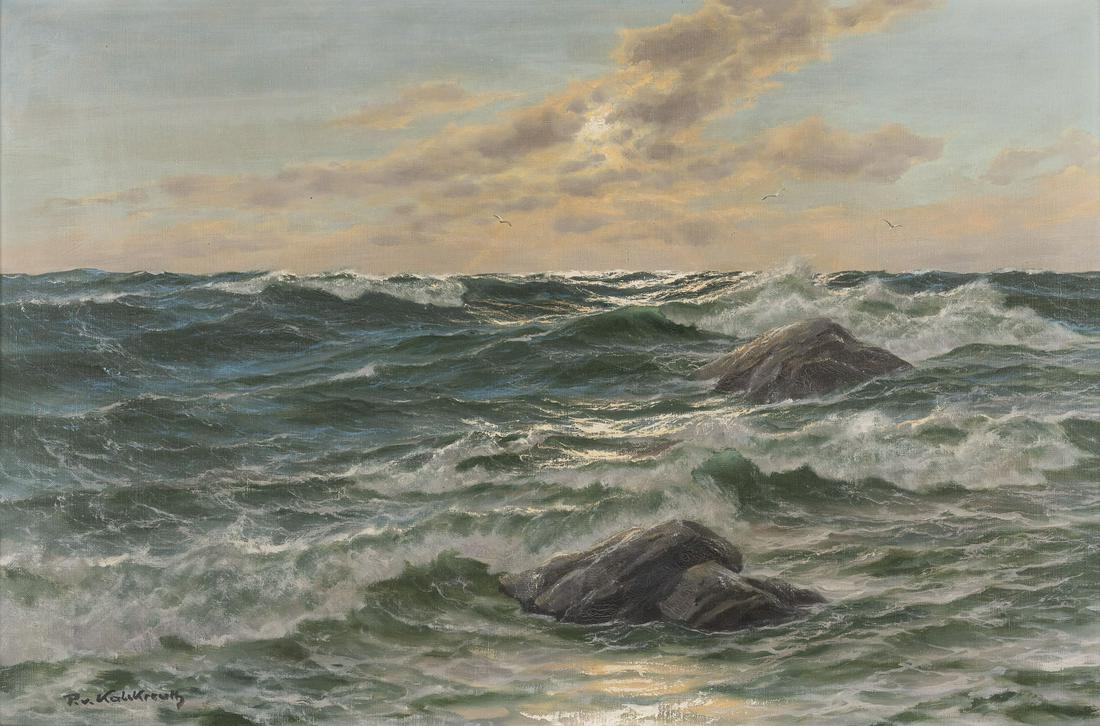 PATRICK VON KALCKREUTH, ABENDSONNE UEBER DEM MEER: PATRICK VON KALCKREUTH 1892 Kiel - 1970 Starnberg Evening sun over the sea Oil on canvas. 61 x 91 cm (F. 83 x 115 cm). Signed lower left 'P.v. Kalckreuth'. Framed. Rahmen. Provenance: Private collecti