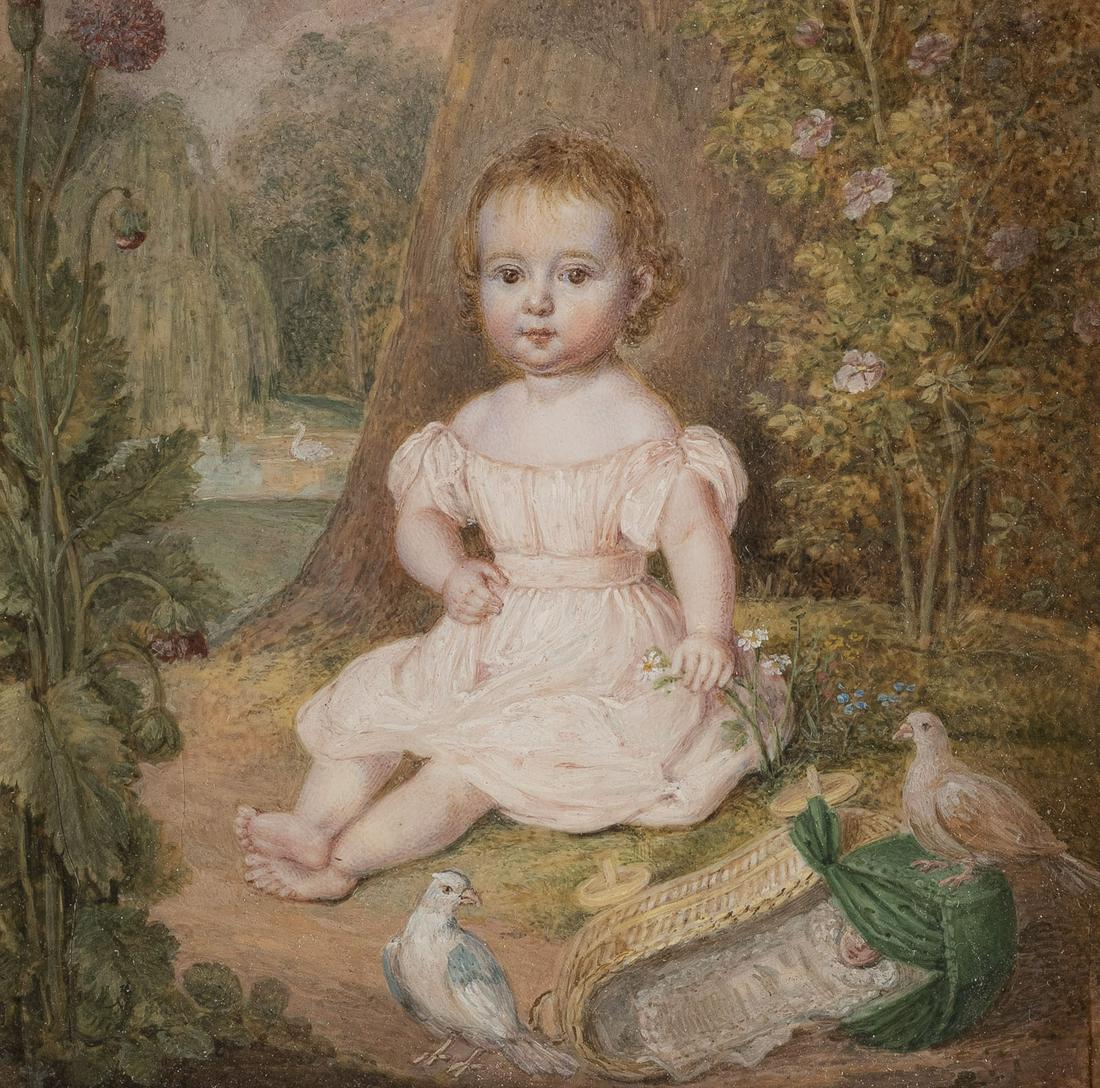 SIR JOHN EVERETT MILLAIS (UMKREIS) LANDSCHAFT MIT: CIRCLE OF SIR JOHN EVERETT MILLAIS 8 June 1829 Southampton - 13 August 1896 London LANDSCAPE WITH A SITTING GIRL, PIGEONS AND A DOLL IN FRONT OF AN ADJOINING MEADOW Gouache on paper. 10,3 x 10,3 cm (f