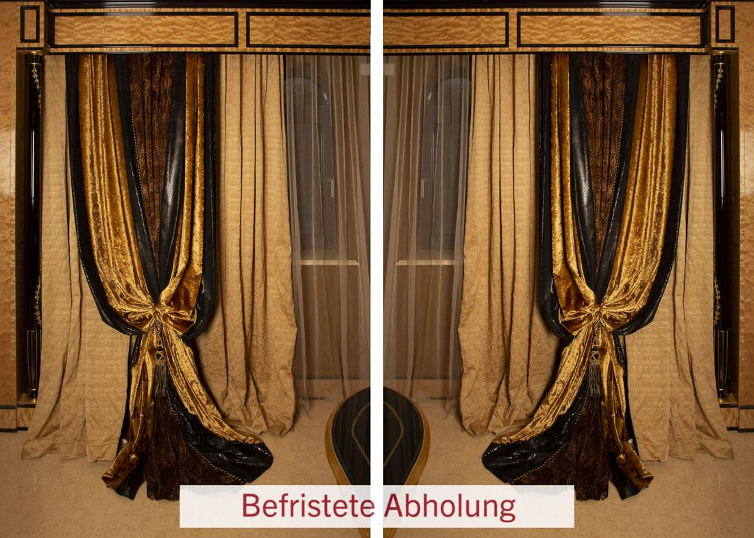 VERSACE'-VORHAENGE (6 SCHALS): 'VERSACE'-VORHÃ„NGE (6 SCHALS) wohl Italien, Atelier Versace, Anfang 21. Jh. Insg. 6 Schals, 2x mit versch. Stoffen, Samt, goldfarben, schwarz, part. mit Aufdruck, part. mit Leopardenprint, mit Qua