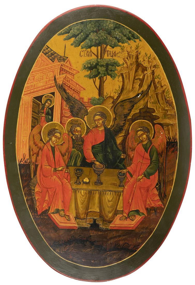 IKONE MIT DER ALTTESTAMENTLICHEN DREIFALTIGKEIT: AN ICON SHOWING THE OLD TESTAMENT TRINITY 20th century Tempera on wood panel. The haloes made of gold. 32 x 22.3 cm.IKONE MIT DER ALTTESTAMENTLICHEN DREIFALTIGKEIT 20. Jh. Verbund zweier Bretter. Eite