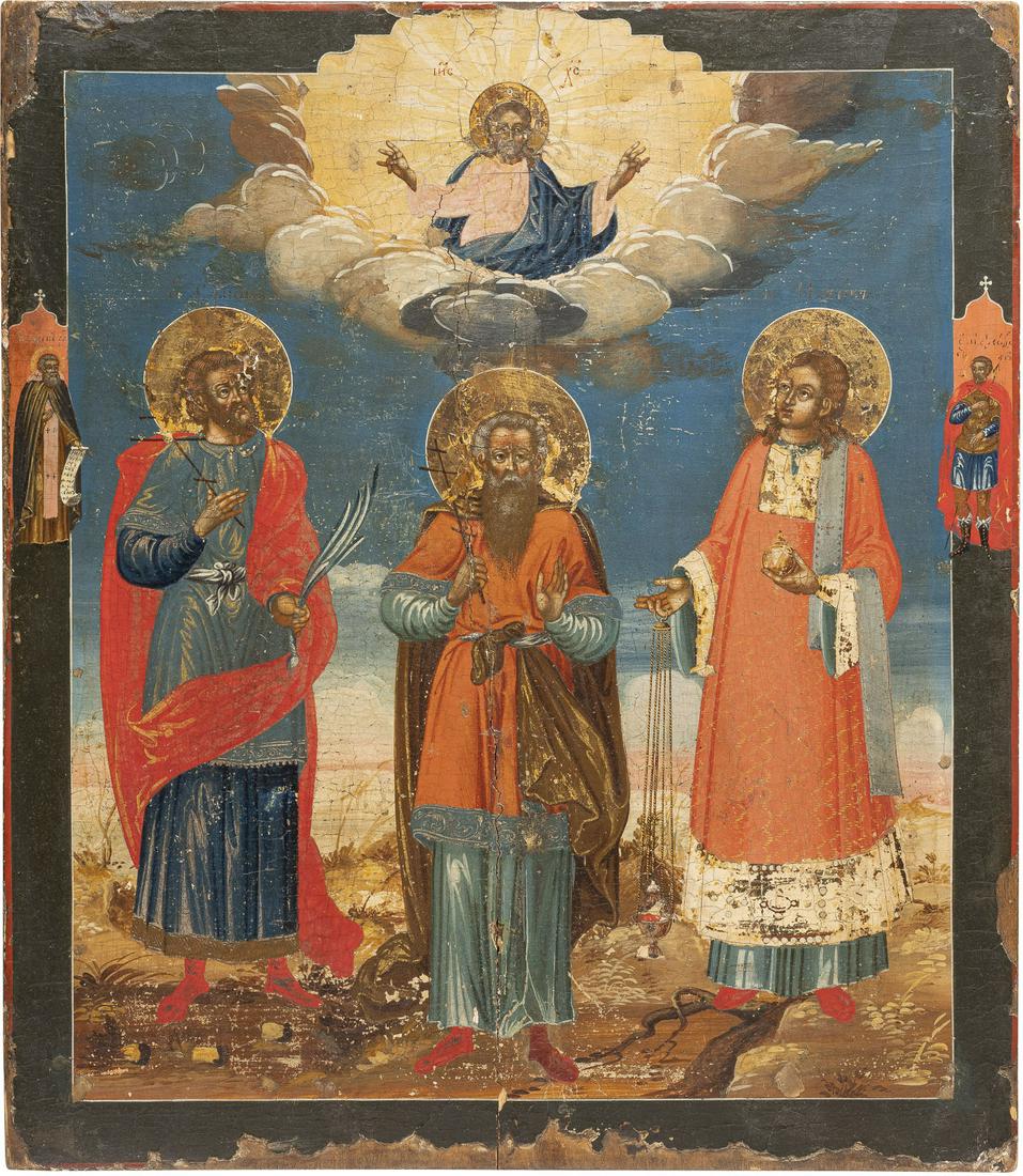 GROSSE IKONE MIT DEN HEILIGEN SAMON, GURIJ UND AVIV: A LARGE ICON SHOWING STS. SAMON, GURIY AND AVIV Russian, 18th century Tempera on wood panel. The haloes made of gold. Two selected saints on the borders: Sts. Sergey of Radonzh and Theodore. Paint bli