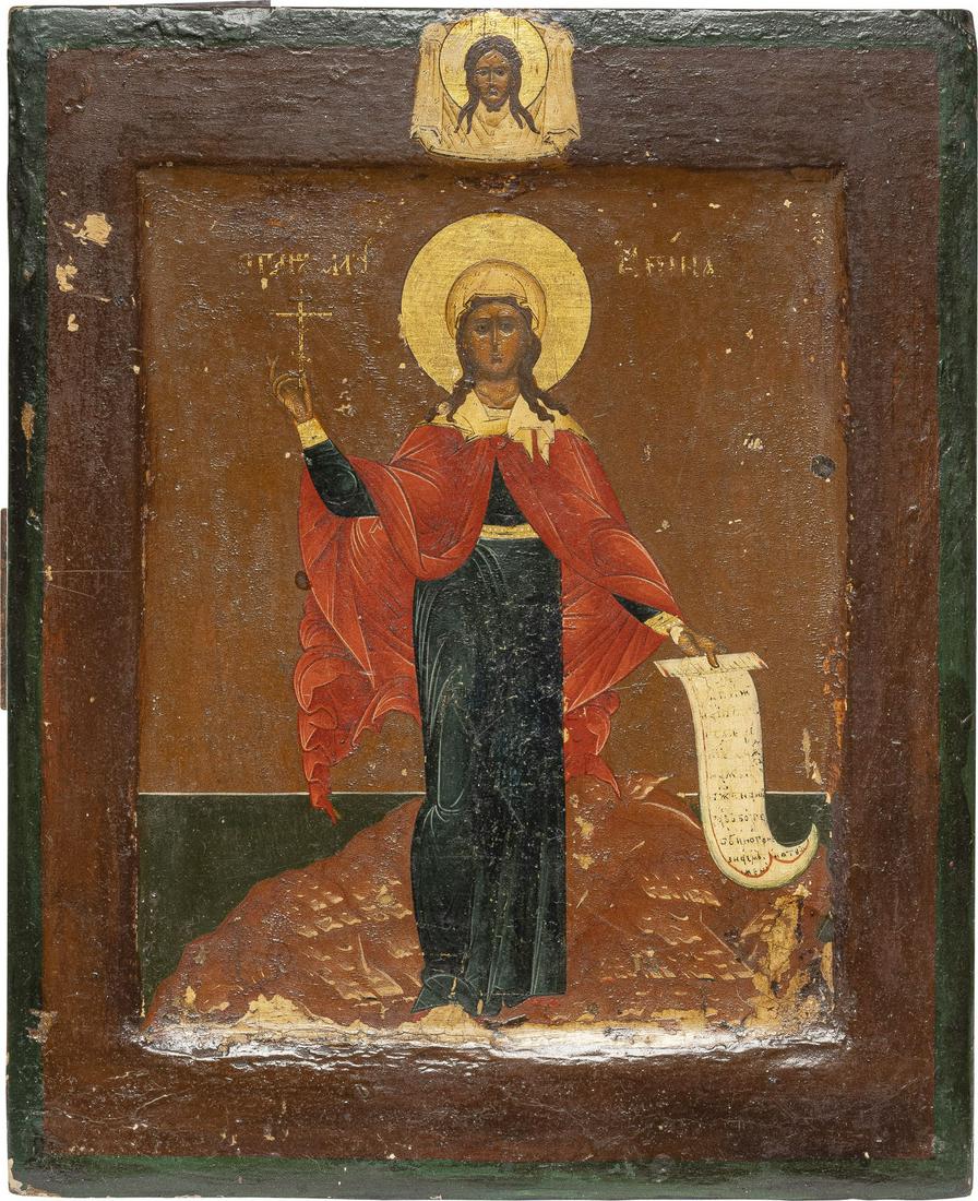 KLEINE IKONE MIT EINER HEILIGEN MÃ„RTYRERIN: A SMALL ICON SHOWING A MARTYR SAINT Russian, 19th century Tempera on wood panel with kovcheg. The haloes made of gold. Losses. 21.8 x 17.9 cm.KLEINE IKONE MIT EINER HEILIGEN MÃ„RTYRERIN Russland, 1